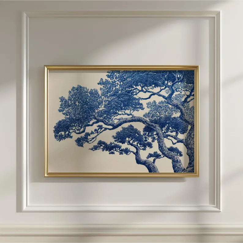 Vintage Oak Tree Print | Blue Linocut Forest Wall Art- PRINT
