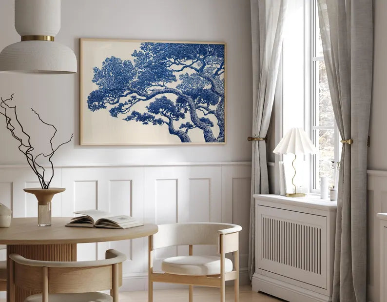 Vintage Oak Tree Print | Blue Linocut Forest Wall Art- PRINT