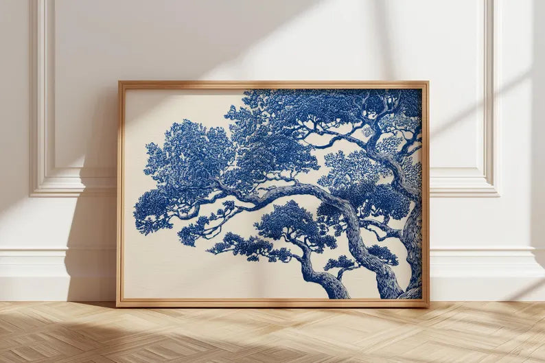 Vintage Oak Tree Print | Blue Linocut Forest Wall Art- PRINT