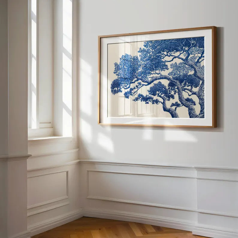 Vintage Oak Tree Print | Blue Linocut Forest Wall Art- PRINT