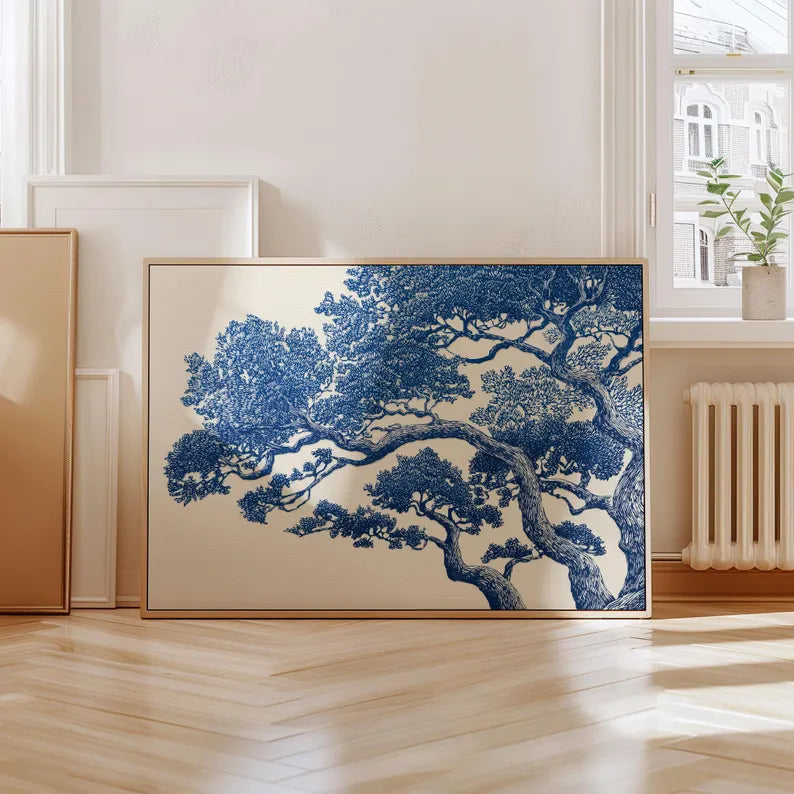 Vintage Oak Tree Print | Blue Linocut Forest Wall Art- PRINT
